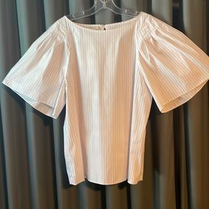 Pink White Pin Stripe Lafayette 148 Blouse, puff sleeve shirt size L